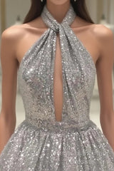 Silver Sexy Halter Sequined Backless Short Homecoming Dress, Sparkly Party Dress