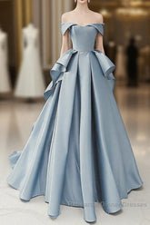 Simple A-Line Satin Blue Long Semi Formal Prom Dress, Blue Satin Long Formal Dress