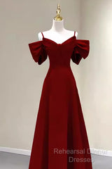 Simple A Line Straps Red Satin Long Semi Formal Prom Dresses
