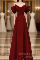 Simple A Line Straps Red Satin Long Semi Formal Prom Dresses