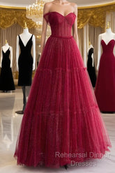Simple A-Line Tulle Burgundy Long Semi Formal Prom Dress