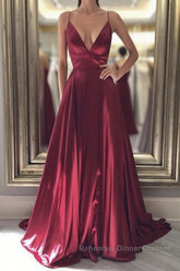 Simple A Line V Neck Backless Burgundy Long Semi Formal Prom Dresses, Backless Burgundy Formal Graduation Evening Dresses
