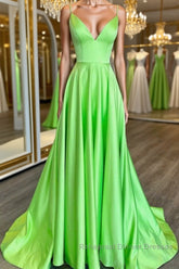 Simple A Line V Neck Green Satin Long Semi Formal Prom Dresses, V Neck Green Formal Graduation Evening Dresses