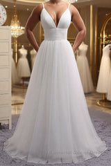 Simple A Line V Neck White Wedding Dresses, V Neck White Tulle Semi Formal Prom Dresses Formal Dresses