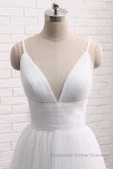 Simple A Line V Neck White Wedding Dresses, V Neck White Tulle Semi Formal Prom Dresses Formal Dresses