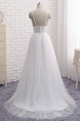 Simple A Line V Neck White Wedding Dresses, V Neck White Tulle Semi Formal Prom Dresses Formal Dresses