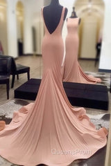 Simple Backless Mermaid Pink Evening Prom Dress For Teens, Pink Evening Dress