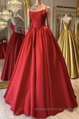 Simple Backless Red Satin Long Semi Formal Prom Dresses, Backless Red Formal Dresses, Red Evening Dresses