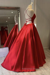 Simple Backless Red Satin Long Semi Formal Prom Dresses, Backless Red Formal Dresses, Red Evening Dresses