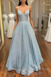 Simple Blue V Neck Sequin Long Semi Formal Prom Dress,A Line Blue Evening Dress