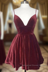 Simple Burgundy Velvet Winter Formal Dress Short V Neck Homecoming Dress