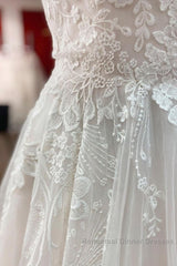 Simple Long A-line Tulle Lace V Neck Appliques Lace Open Back Wedding Dresses