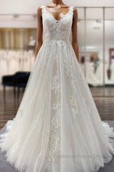 Simple Long A-line Tulle Lace V Neck Appliques Lace Open Back Wedding Dresses