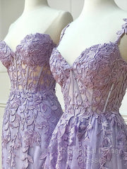 Simple Long Purple Lace Semi Formal Prom Dresses Evening Dress