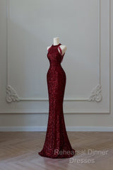 Simple Mermaid Scoop Neckline Burgundy Sequin Long Party Dress Semi Formal Prom Dresses