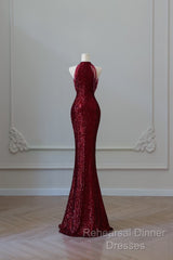 Simple Mermaid Scoop Neckline Burgundy Sequin Long Party Dress Semi Formal Prom Dresses