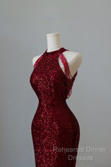 Simple Mermaid Scoop Neckline Burgundy Sequin Long Party Dress Semi Formal Prom Dresses