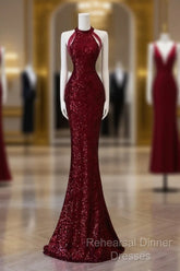 Simple Mermaid Scoop Neckline Burgundy Sequin Long Party Dress Semi Formal Prom Dresses