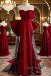 Simple Mermaid Strapless Burgundy Floor Length Semi Formal Prom Dress