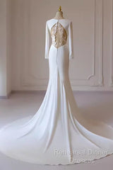 Simple Mermaid V Neckline Satin Ivory Long Sleeves Wedding Dresses