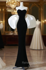Simple Mermaid Velvet Puff Sleeves Black Long Semi Formal Prom Dress, Black Evening Dress
