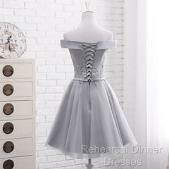 Simple Off Shoulder Grey Tulle Applique Bridesmaid Dresses, Knee Length Formal Dress, Party Dresses