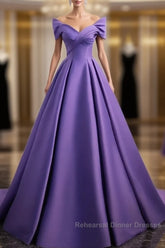 Simple Off Shoulder Satin Purple Long Semi Formal Prom Dress Court Train Dresses Evening Dress
