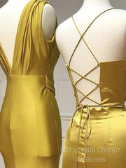 Simple Satin Gold Long Semi Formal Prom Dress, Gold Satin Long Formal Dress