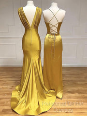 Simple Satin Gold Long Semi Formal Prom Dress, Gold Satin Long Formal Dress
