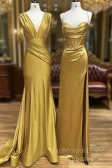 Simple Satin Gold Long Semi Formal Prom Dress, Gold Satin Long Formal Dress