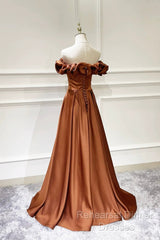Simple Satin Long Semi Formal Prom Dress, Off The Shoulder V-Neck Evening Dress