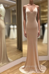 Simple Satin V-Neck Empire Mermaid Semi Formal Prom Dresses