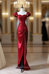 Simple Sweetheart Neck Satin Burgundy Long Semi Formal Prom Dress, Burgundy Long Formal Dress