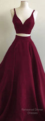 Simple Two Pieces Burgundy Long Semi Formal Prom Dress, Burgundy Evening Dress