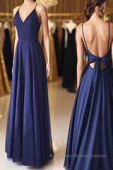 Simple V Neck Backless Blue Long Semi Formal Prom Dresses, V Neck Blue Formal Evening Dresses, Blue Graduation Dresses