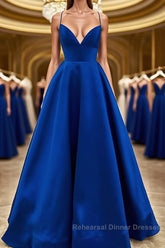 Simple V Neck Backless Royal Blue Satin Long Semi Formal Prom Dresses, Royal Blue Backless Formal Dresses, Royal Blue Evening Dresses, Ball Gown