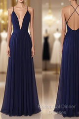 Simple V Neck Dark Blue Tulle Long Semi Formal Prom Dress, Evening Dress