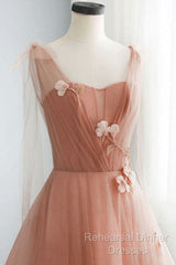 Simple V Neck Pink Tulle Long Semi Formal Prom Dress Pink Tulle A Line Evening Dress