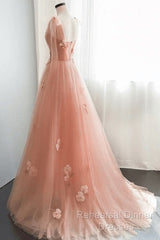Simple V Neck Pink Tulle Long Semi Formal Prom Dress Pink Tulle A Line Evening Dress
