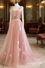 Simple V Neck Pink Tulle Long Semi Formal Prom Dress Pink Tulle A Line Evening Dress