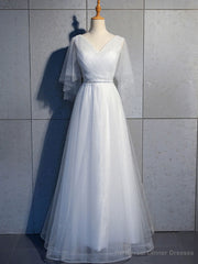 Simple V Neck Tulle Sequin Long Prom Dress, A line Tulle Evening Dresses