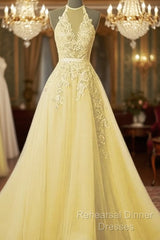 Simple Yellow Lace Semi Formal Prom Dresses With Beading