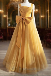 Simple Yellow Tulle Long Semi Formal Prom Dress, Yellow Tulle Formal Dress