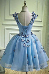 Sky Blue Homecoming Dresses Butterfly Applique Short Semi Formal Prom Dress