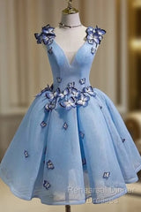 Sky Blue Homecoming Dresses Butterfly Applique Short Semi Formal Prom Dress