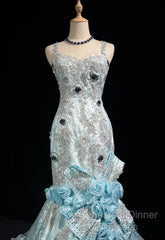 Sky Blue Mermaid Spaghetti Straps Organza Diamond Long Semi Formal Prom Dress Lace Floral Evening Gown