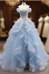 Sky Blue Tulle Ruffles Appliques A Line Semi Formal Prom Dress