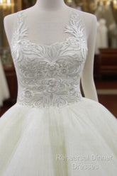 Sleeveless Scoop Yarn Neck  Lace Ivory Tulle Asymmetrical Ball Gown Cathedral Train Wedding Dresses,