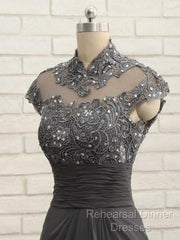 Slim Fit Column Chiffon Lace High Neck Short Sleeved And Floor Length Style Mother Of The Bride Dresses