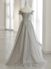 Sliver-Grey Tulle With Sequins Long Party Dress,A-Line Floor Length Semi Formal Prom Dresses